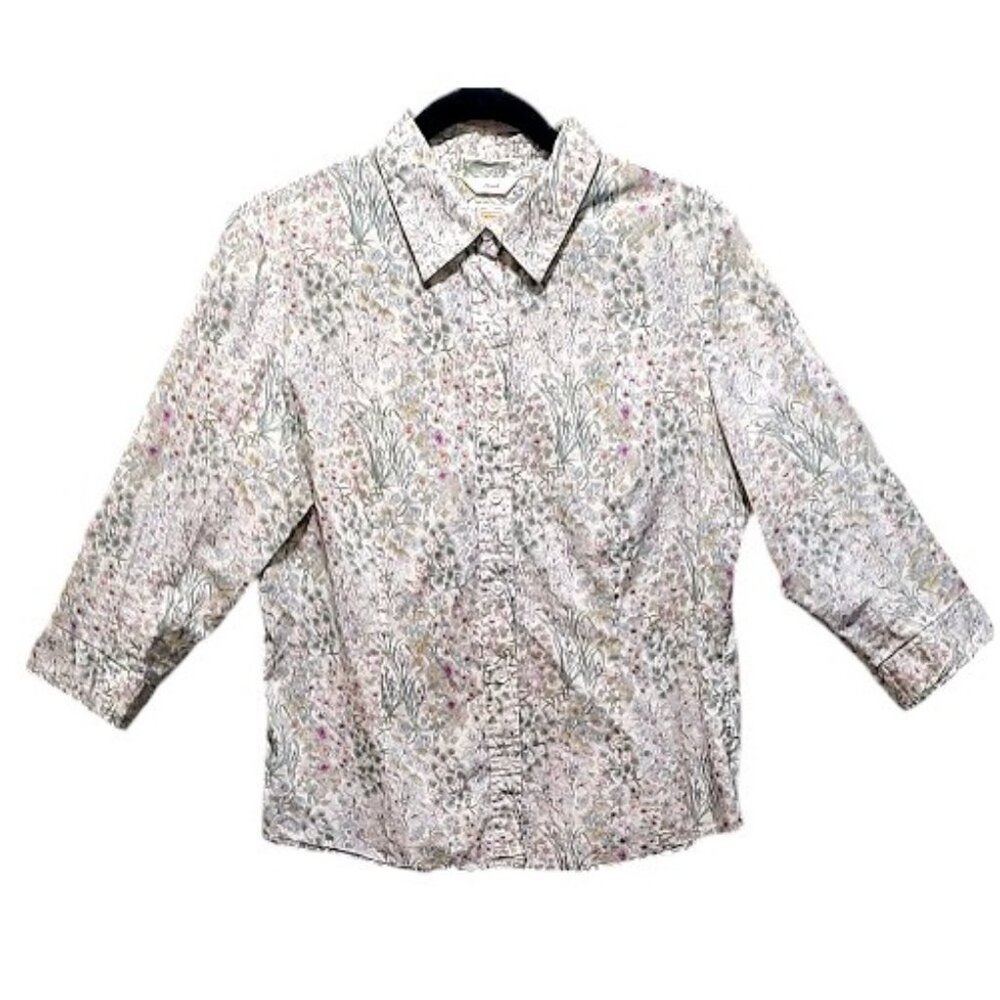 Talbots Meadow Floral Print Button Down 3/4 Sleeve Shirt Petite Large